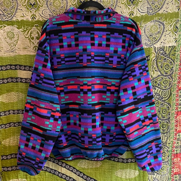 Vtg 80's Columbia Aztec Print Radial Sleeve 1/4 Snap Fleece Jacket Size L - HOLE - Picture 10 of 16